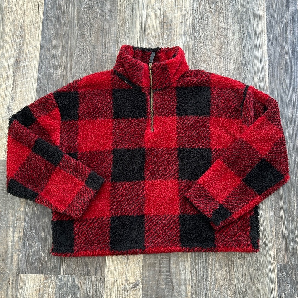 Thread & Supply Red Buffalo Plaid Fuzzy Sherpa 3/4 Zip Sweatshirt Women’s Medium